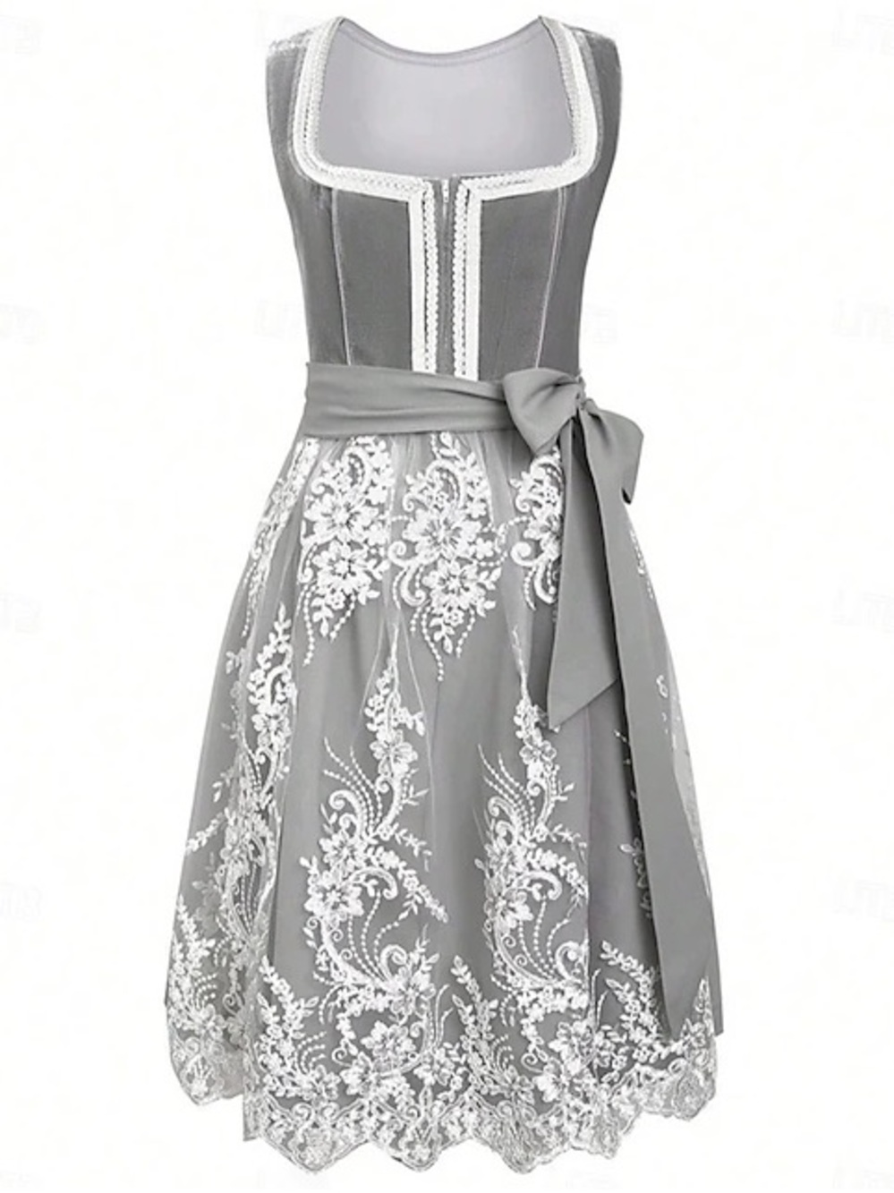 Gray Lace-Embroidered Midi Dress with Sash; Drindl